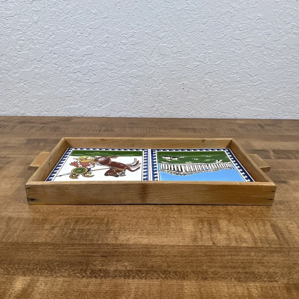 Vintage Greek Ceramic Tile‎ Art Trivet w/ Wood Frame Wooden Tray